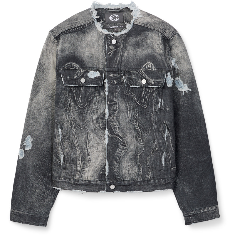 CAMPERLAB DISTORTED PRINT DISTRESSED DENIM JACKET - Unisex Tplgy_coats_jackets - Noir,Gris, taille XS, Tissu en coton