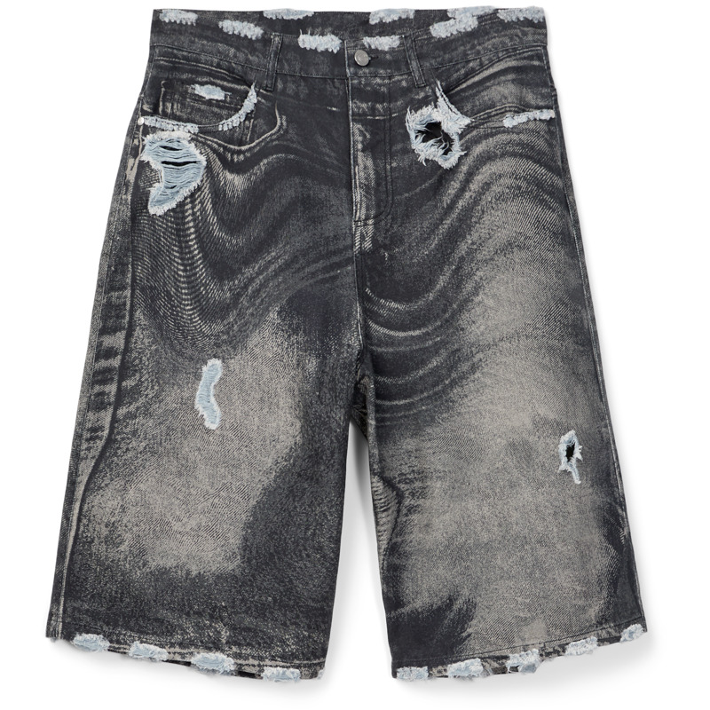 Camperlab Distorted Print Distressed Denim Shorts - Unisex Apparel - Black,Grey, Size 11.5, Cotton Fabric