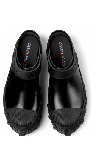 Overhead view of TRAKTORI Black Leather Clogs
