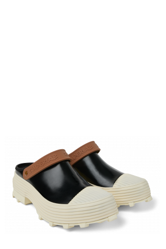 Front view of TRAKTORI Black-White-Brown Leather Clogs
