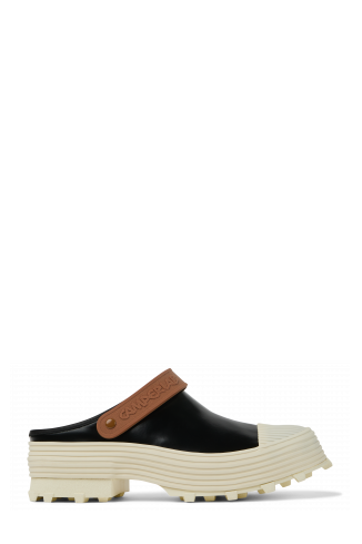 Side view of TRAKTORI Black-White-Brown Leather Clogs