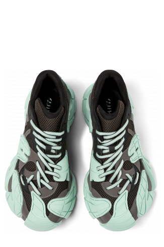 Overhead view of Tormenta Gray and light green sneakers