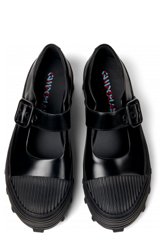 Overhead view of TRAKTORI Black Leather Mary Jane Clogs