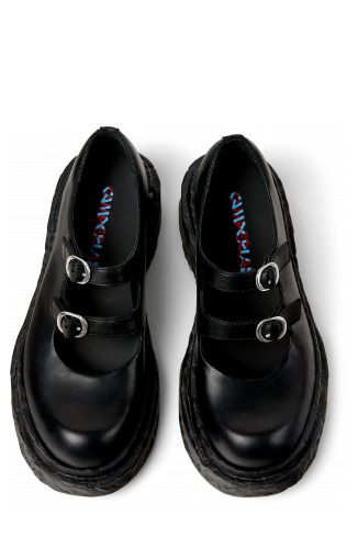 Overhead view of VAMONOS Black Leather Mary Janes