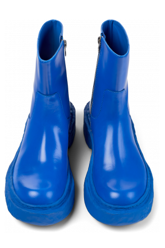 Overhead view of Vamonos Blue Leather Zip Bootie