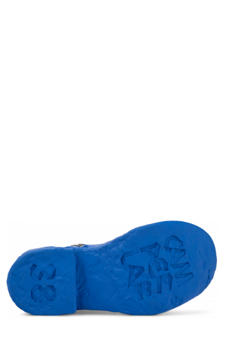 The soles of Vamonos Blue Leather Zip Bootie