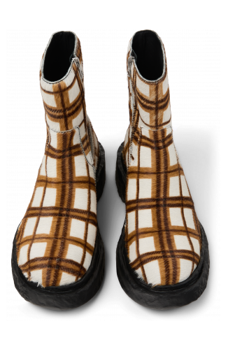 VAMONOS Bottes en cuir à poils tartan marron écru