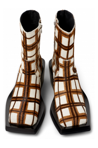 Overhead view of QUETAL Cream-brown tartan hair-on-leather boots