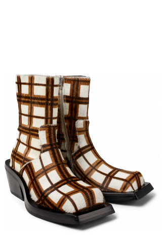 Front view of QUETAL Cream-brown tartan hair-on-leather boots