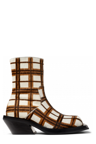 Side view of QUETAL Cream-brown tartan hair-on-leather boots