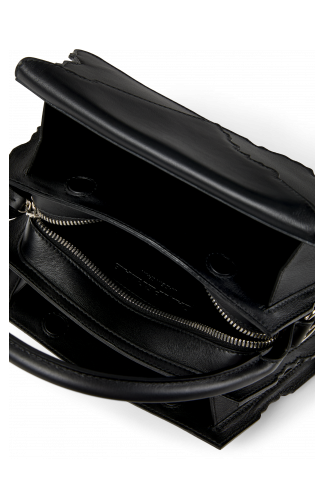 Overhead view of HANURI Black leather accordion shoulder bag