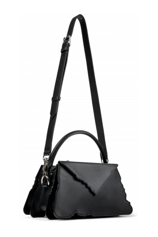 Front view of HANURI Black leather accordion shoulder bag