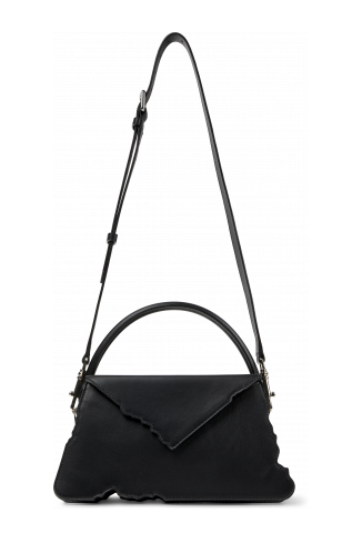 Side view of HANURI Black leather accordion shoulder bag