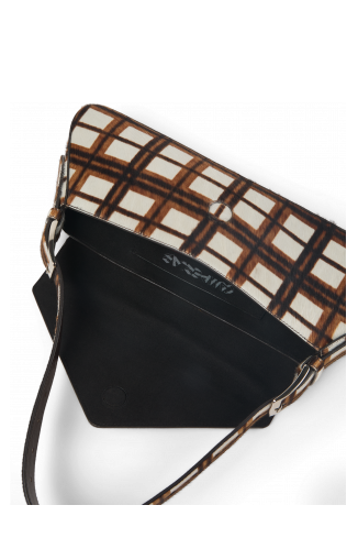 KIRJE Mala em couro com pelo tartã creme/castanha