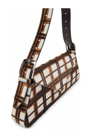 KIRJE Mala em couro com pelo tartã creme/castanha