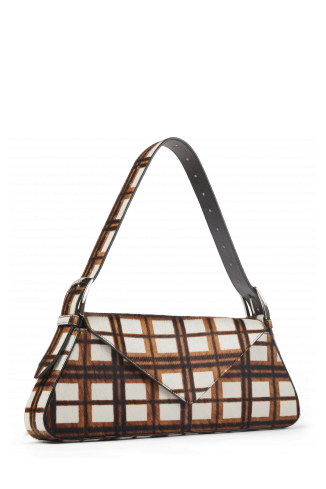 KIRJE Mala em couro com pelo tartã creme/castanha