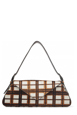 KIRJE Mala em couro com pelo tartã creme/castanha