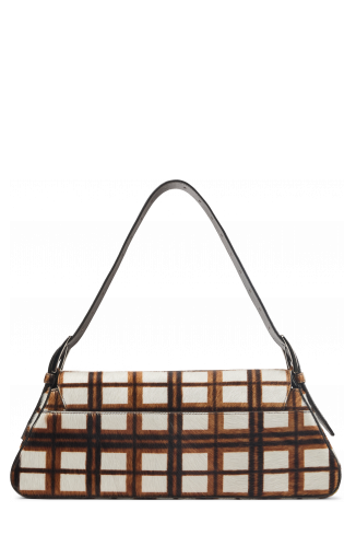 KIRJE Mala em couro com pelo tartã creme/castanha