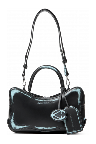 Side view of LUNSSI LUNSSI Leather Distorted Shoulder Bag in Black-Turquoise