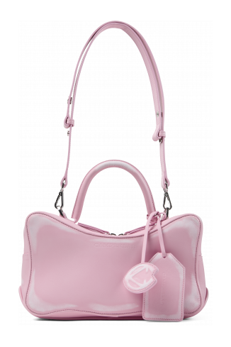 Side view of LUNSSI LUNSSI Leather Distorted Shoulder Bag in Pink-Off White
