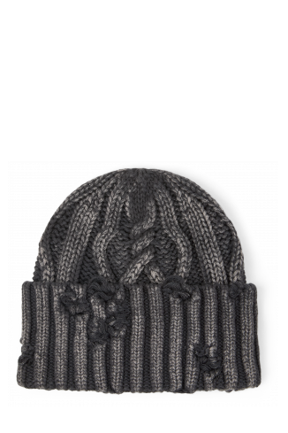 Side view of DISTRESSED CABLE KNIT BEANIE BLACK