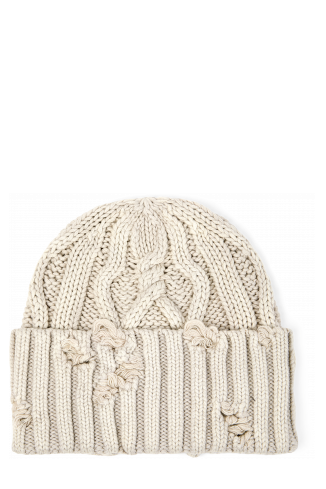 Side view of DISTRESSED CABLE KNIT BEANIE OFF WHITE
