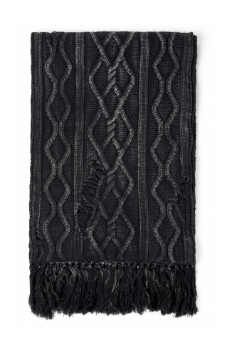 Side view of DISTRESSED CABLE KNIT SCARF BLACK