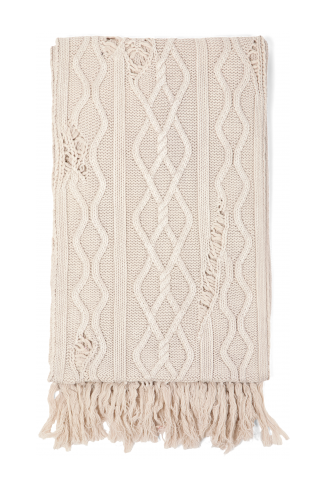 Side view of DISTRESSED CABLE KNIT SCARF OFF WHITE