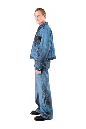 Denim Jacket  Dark Blue-Black Distorted Print Denim Jacket