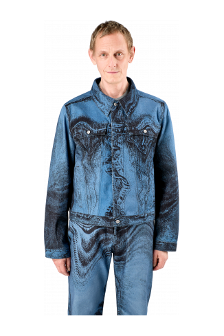 Denim Jacket  Dark Blue-Black Distorted Print Denim Jacket