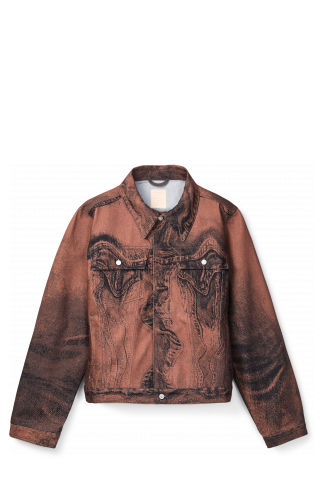 Side view of DISTORTED PRINT DENIM JACKET Brown-black Denim Jacket