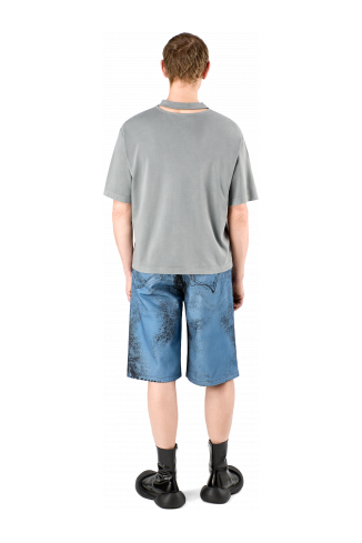 Denim Shorts Dark Blue-Black Distorted Print Denim Shorts