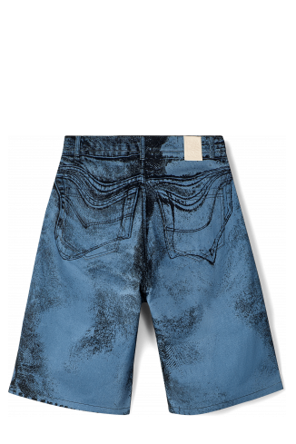 Back view of Denim Shorts Dark Blue-Black Distorted Print Denim Shorts
