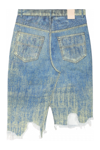 Back view of Denim Skirt Sand Blue Paint Print Denim Skirt