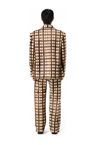 LEATHER BLAZER Blazer en cuir à poils tartan marron écru