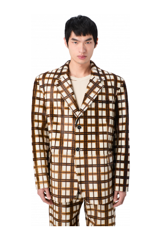 LEATHER BLAZER Blazer en cuir à poils tartan marron écru