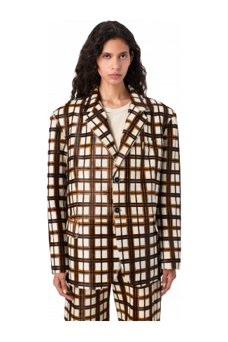 LEATHER BLAZER Americana de tartà de pell amb pèl de color crema i marró