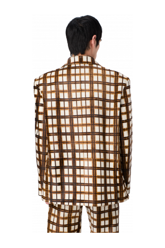 LEATHER BLAZER Blazer en cuir à poils tartan marron écru