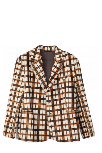 LEATHER BLAZER Blazer en cuir à poils tartan marron écru
