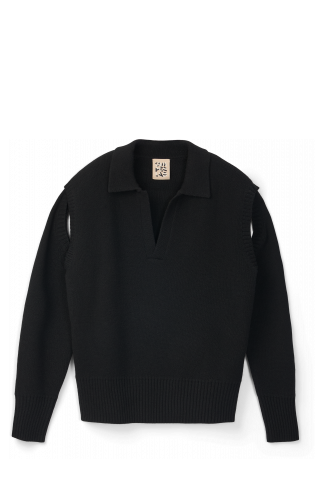 Side view of KNIT CUT-OUT POLO NECK Black wool-blend Sweater