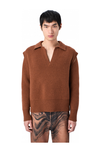KNIT CUT-OUT POLO NECK Brown wool-blend Sweater