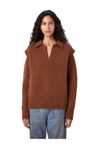 KNIT CUT-OUT POLO NECK Brown wool-blend Sweater