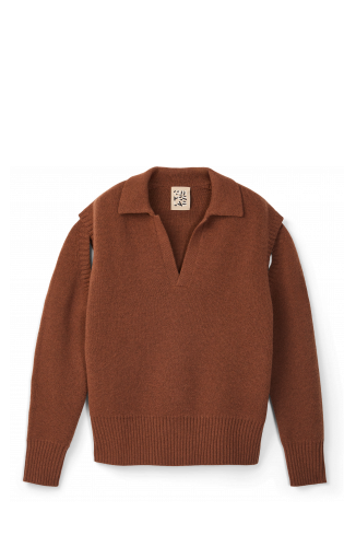 Side view of KNIT CUT-OUT POLO NECK Brown wool-blend Sweater