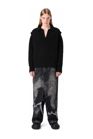 DISTORTED PRINT DENIM SKIRT Black-gray asymmetric denim skirt