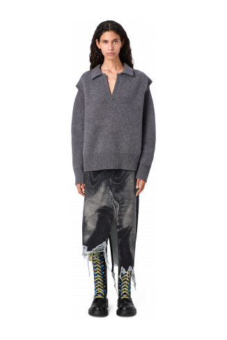 DISTORTED PRINT DENIM SKIRT Black-gray asymmetric denim skirt