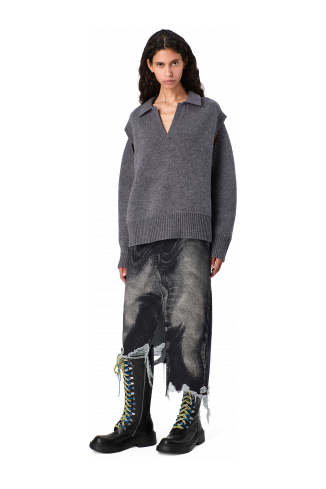 DISTORTED PRINT DENIM SKIRT Black-gray asymmetric denim skirt