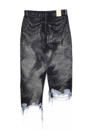 Back view of DISTORTED PRINT DENIM SKIRT Black-gray asymmetric denim skirt