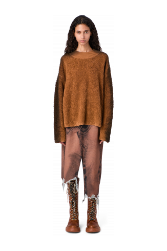 DISTORTED PRINT DENIM SKIRT Brown-black asymmetric denim skirt