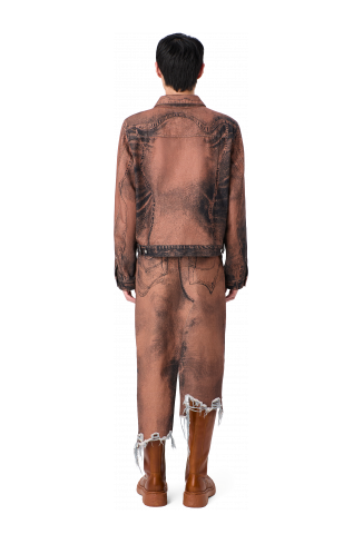 DISTORTED PRINT DENIM SKIRT Brown-black asymmetric denim skirt