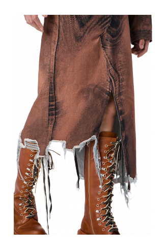 DISTORTED PRINT DENIM SKIRT Brown-black asymmetric denim skirt